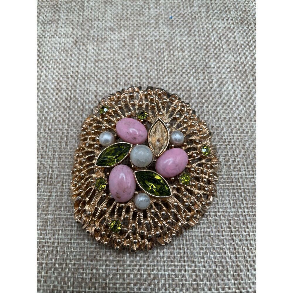 Vintage Sarah Coventry Brooch Vintage Large  Green Rhinestone Pink Cabochons As